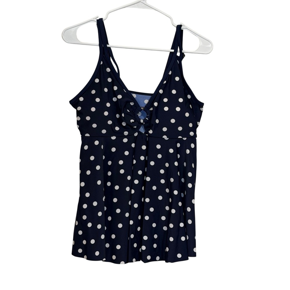 Navy Blue White Polka Dot Tankini Swim Top Keyhole Medium Vacation Beach Classy